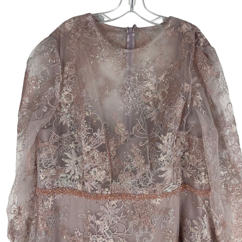 Mac Duggal Embellished Illusion Long Sleeve Midi Dress Rose Size 22 - Picture 5 of 13